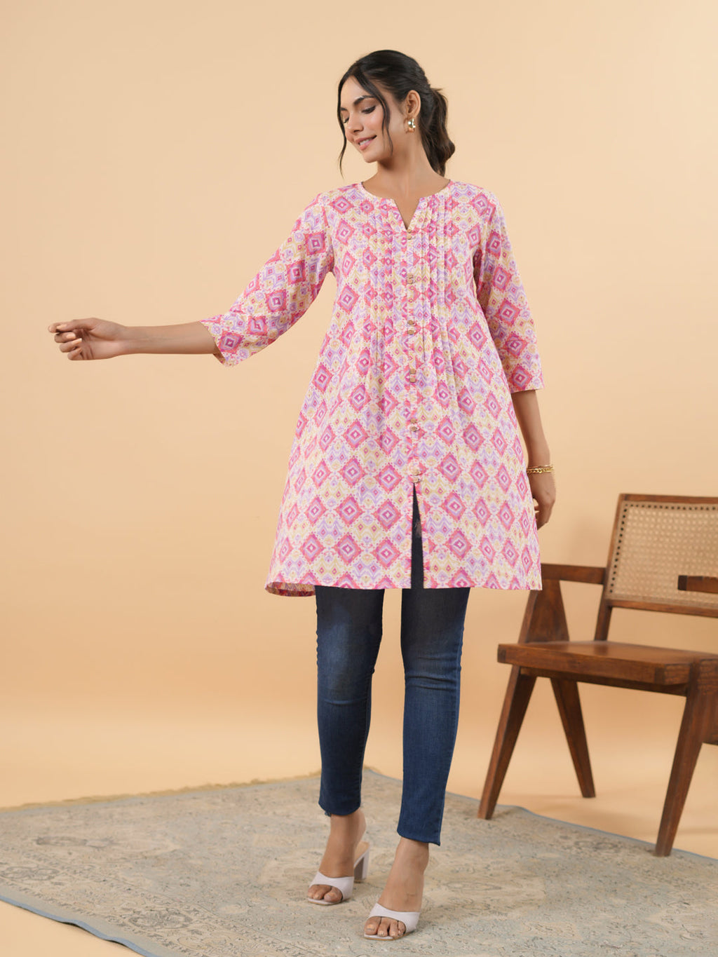 Janasya Pink Cambric Geometric Tunic | Grocsy