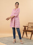 Janasya Pink Cambric Geometric Tunic | Grocsy