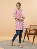 Janasya Pink Cambric Geometric Tunic | Grocsy