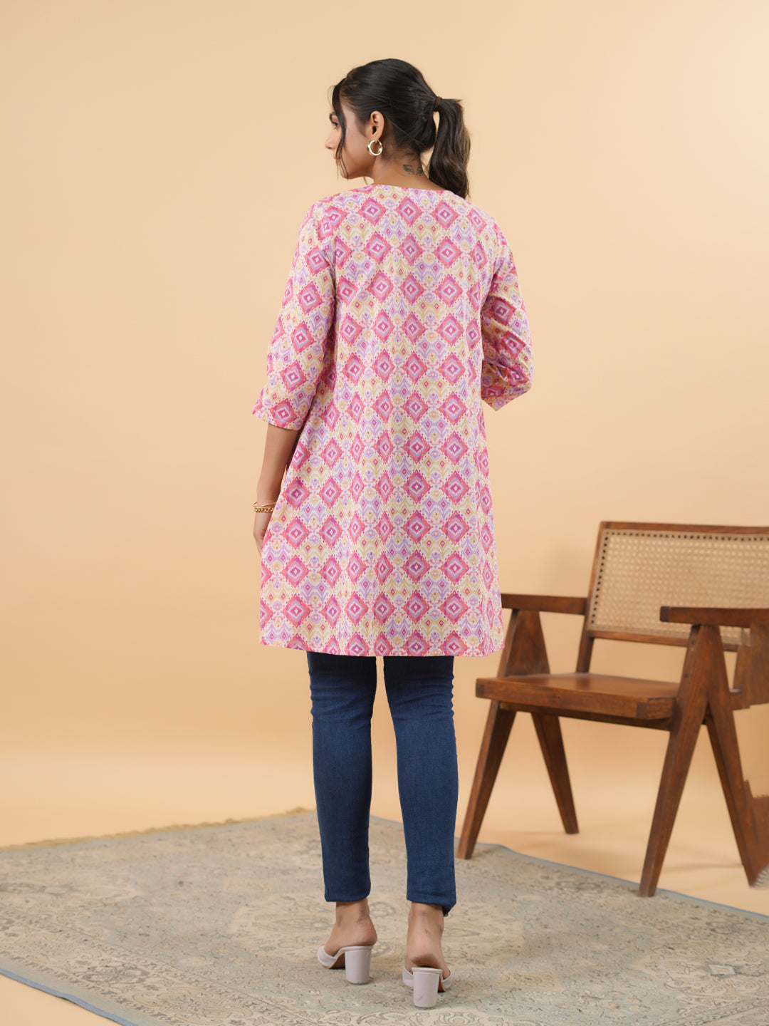 Janasya Pink Cambric Geometric Tunic | Grocsy