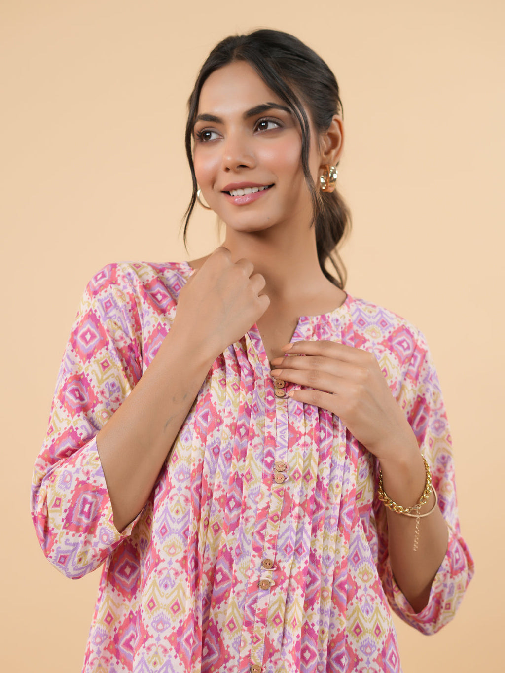Janasya Pink Cambric Geometric Tunic | Grocsy