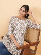 Janasya Regular Cambric Off White Gemometric Round Neck Tunic | Grocsy