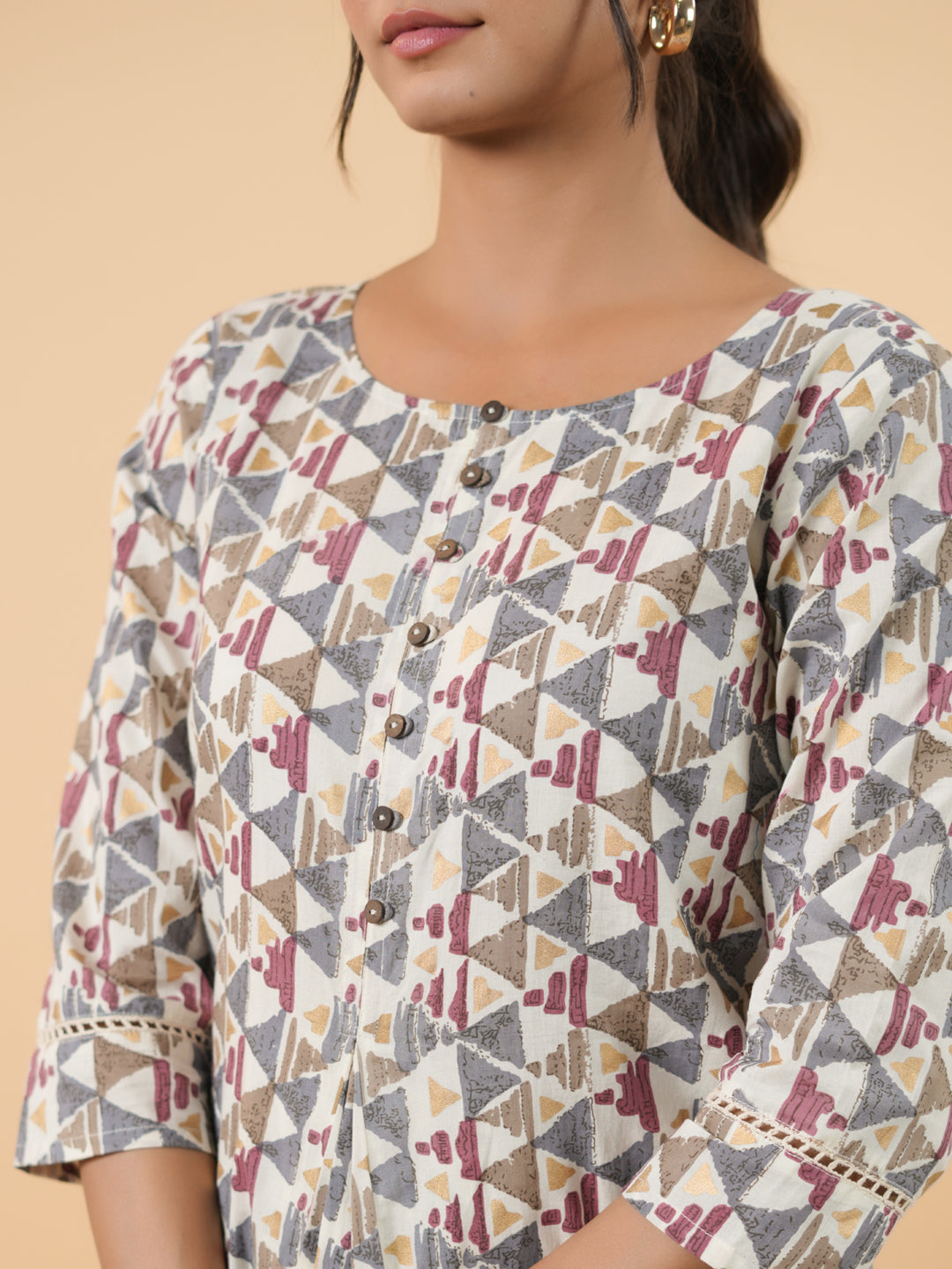 Janasya Off White Cambric Gemometric Tunic | Grocsy