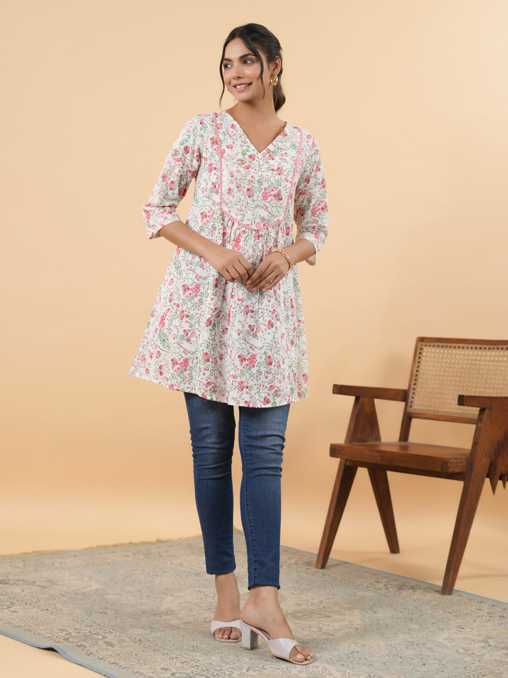 Janasya Light Floral A-Line Tunic | Grocsy