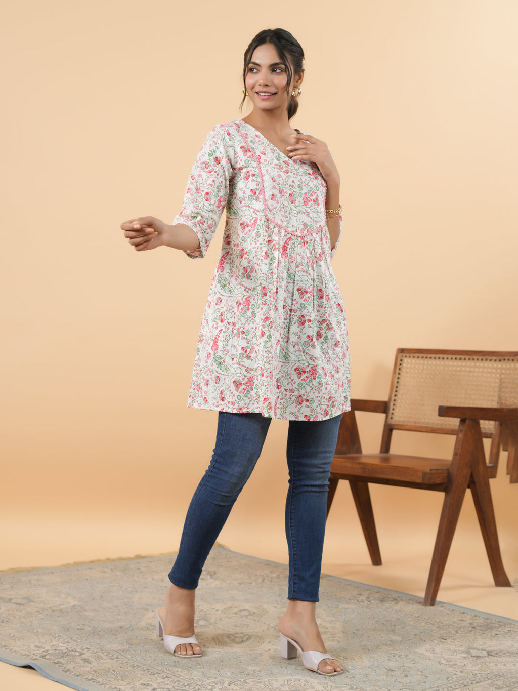 Janasya Light Floral A-Line Tunic | Grocsy