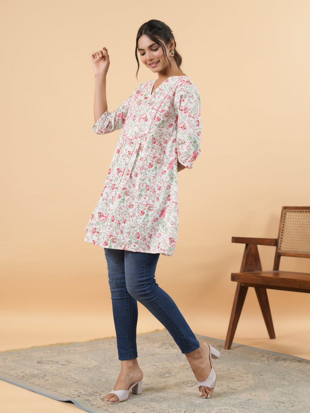 Janasya Light Floral A-Line Tunic | Grocsy