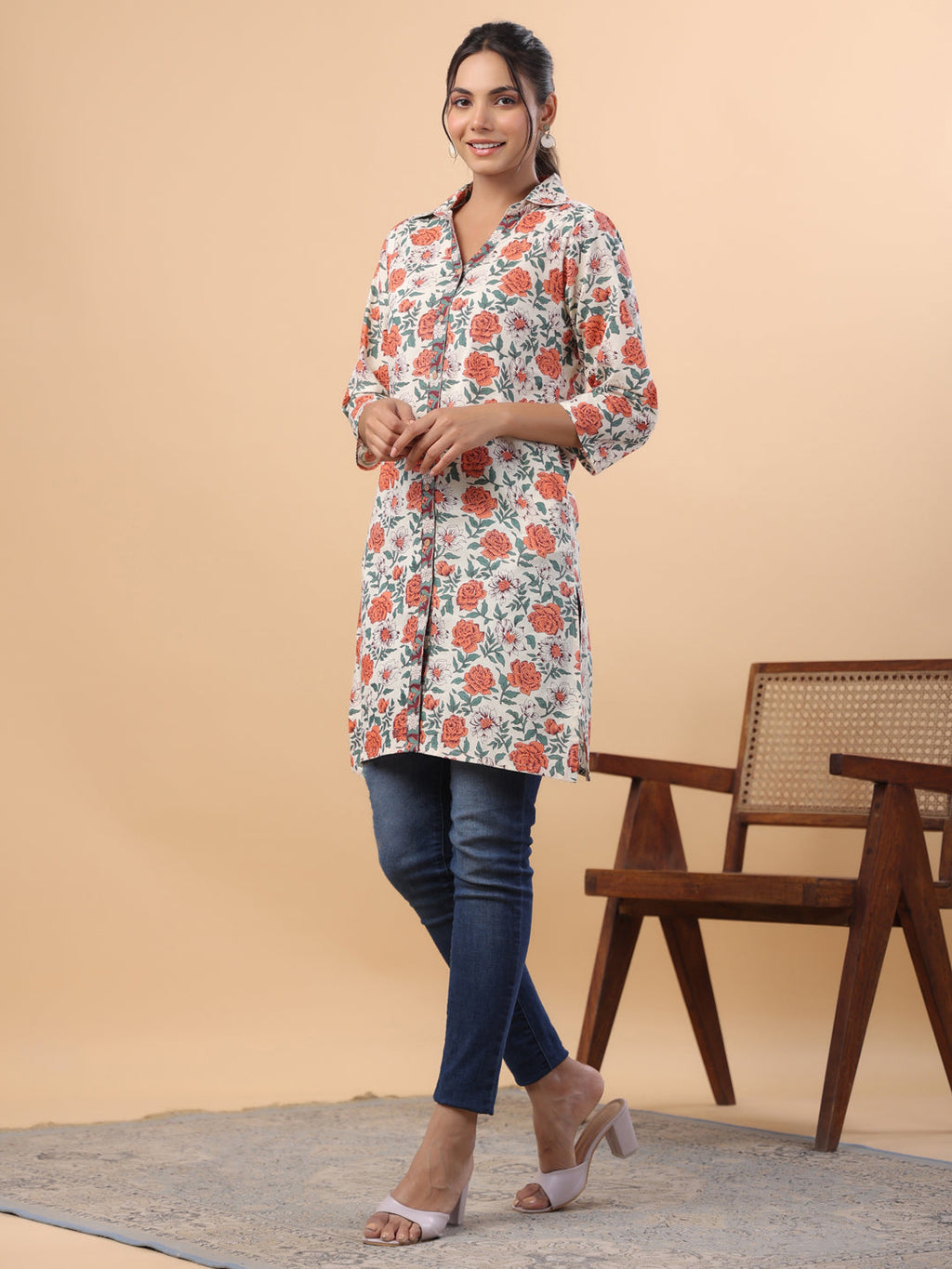 Janasya Cream Cambric Floral Tunic | Grocsy