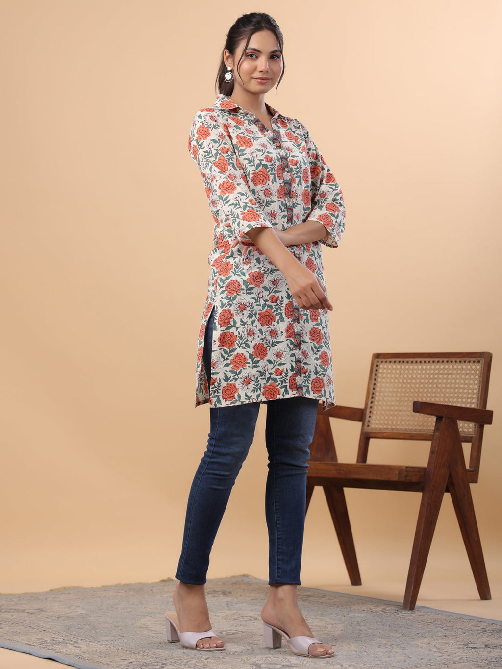 Janasya Cream Cambric Floral Tunic | Grocsy
