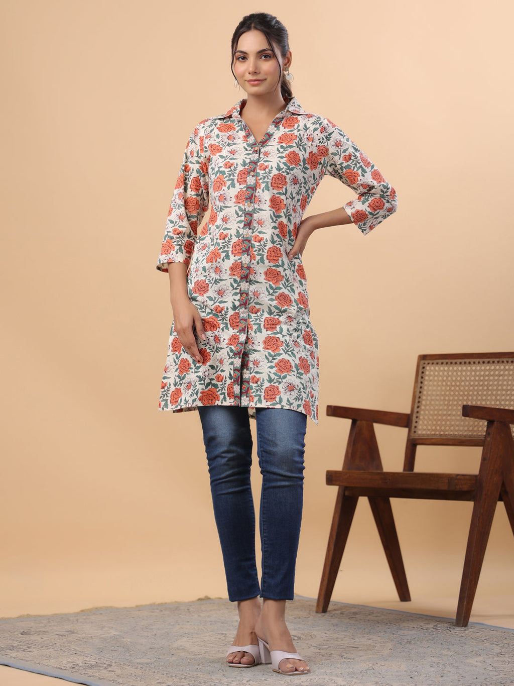 Janasya Cream Cambric Floral Tunic | Grocsy