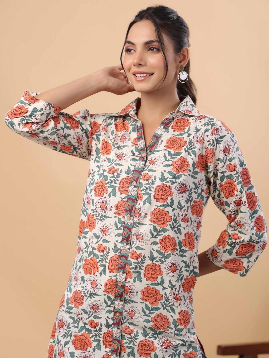 Janasya Cream Cambric Floral Tunic | Grocsy