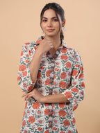 Janasya Cream Cambric Floral Tunic | Grocsy