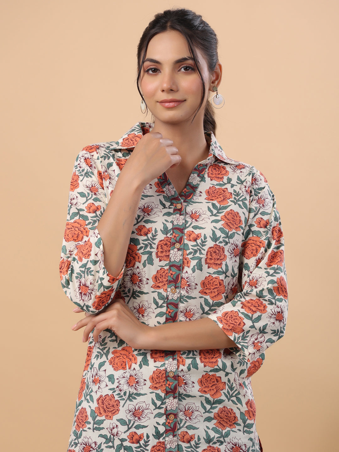 Janasya Cream Cambric Floral Tunic | Grocsy