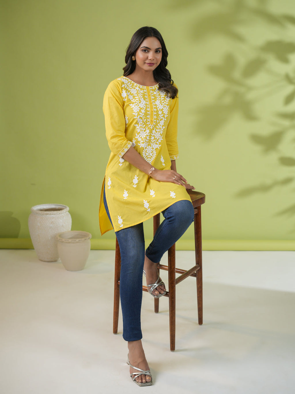 Janasya Straight Cotton Cambric Yellow Ethnic Motifs Round Neck Tunic | Grocsy