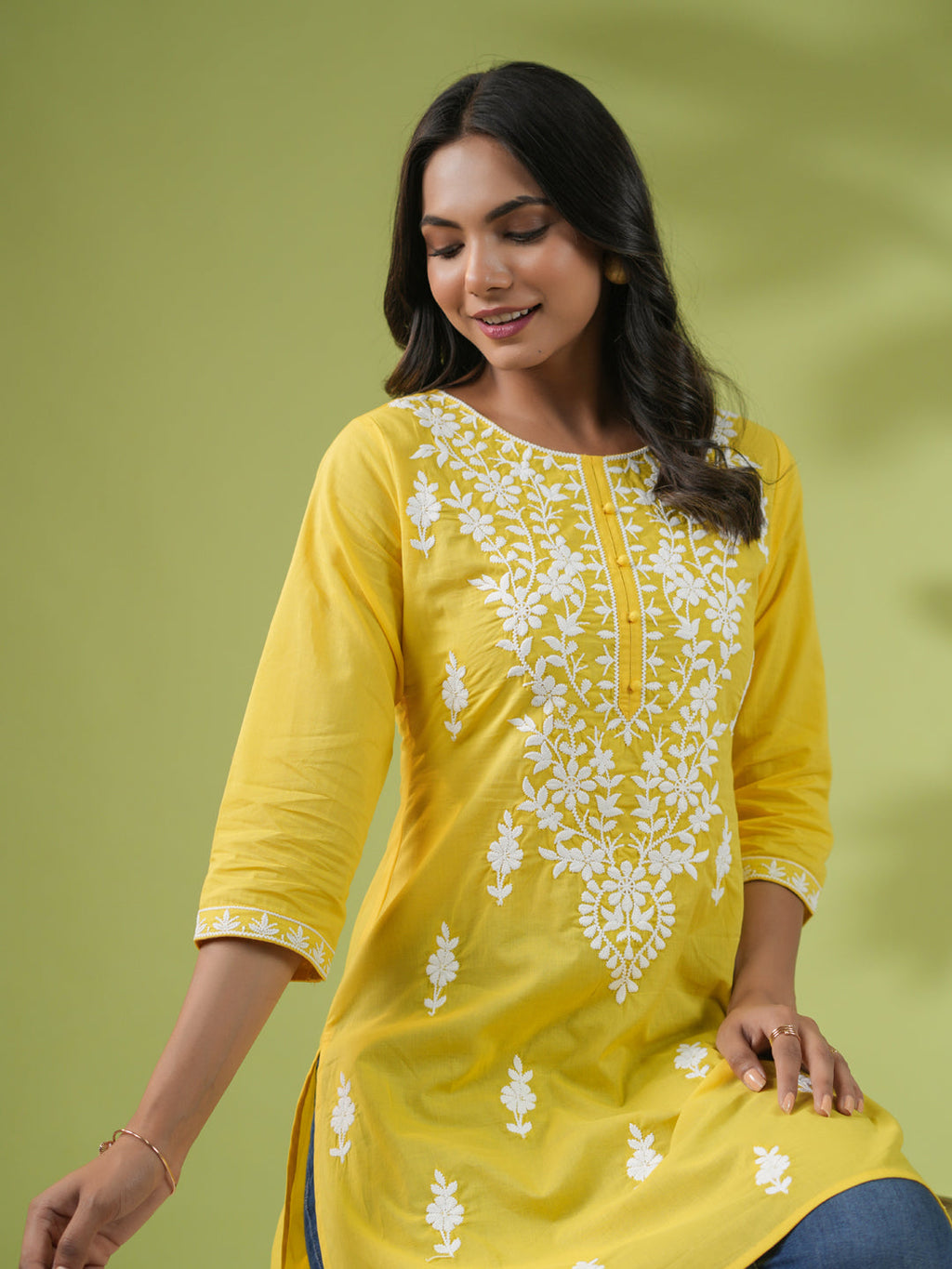 Janasya Straight Cotton Cambric Yellow Ethnic Motifs Round Neck Tunic | Grocsy