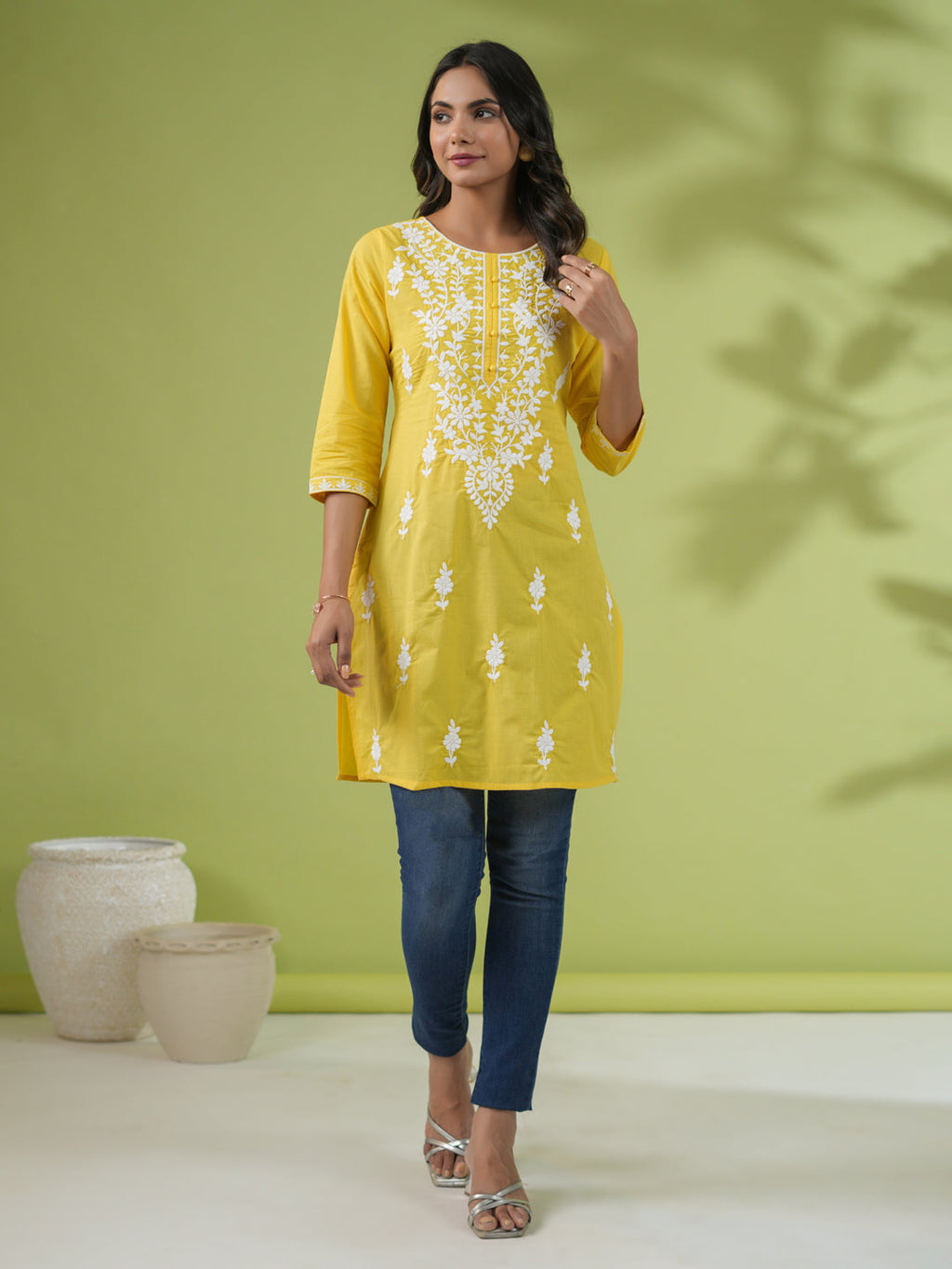 Janasya Straight Cotton Cambric Yellow Ethnic Motifs Round Neck Tunic | Grocsy