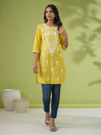 Janasya Straight Cotton Cambric Yellow Ethnic Motifs Round Neck Tunic | Grocsy