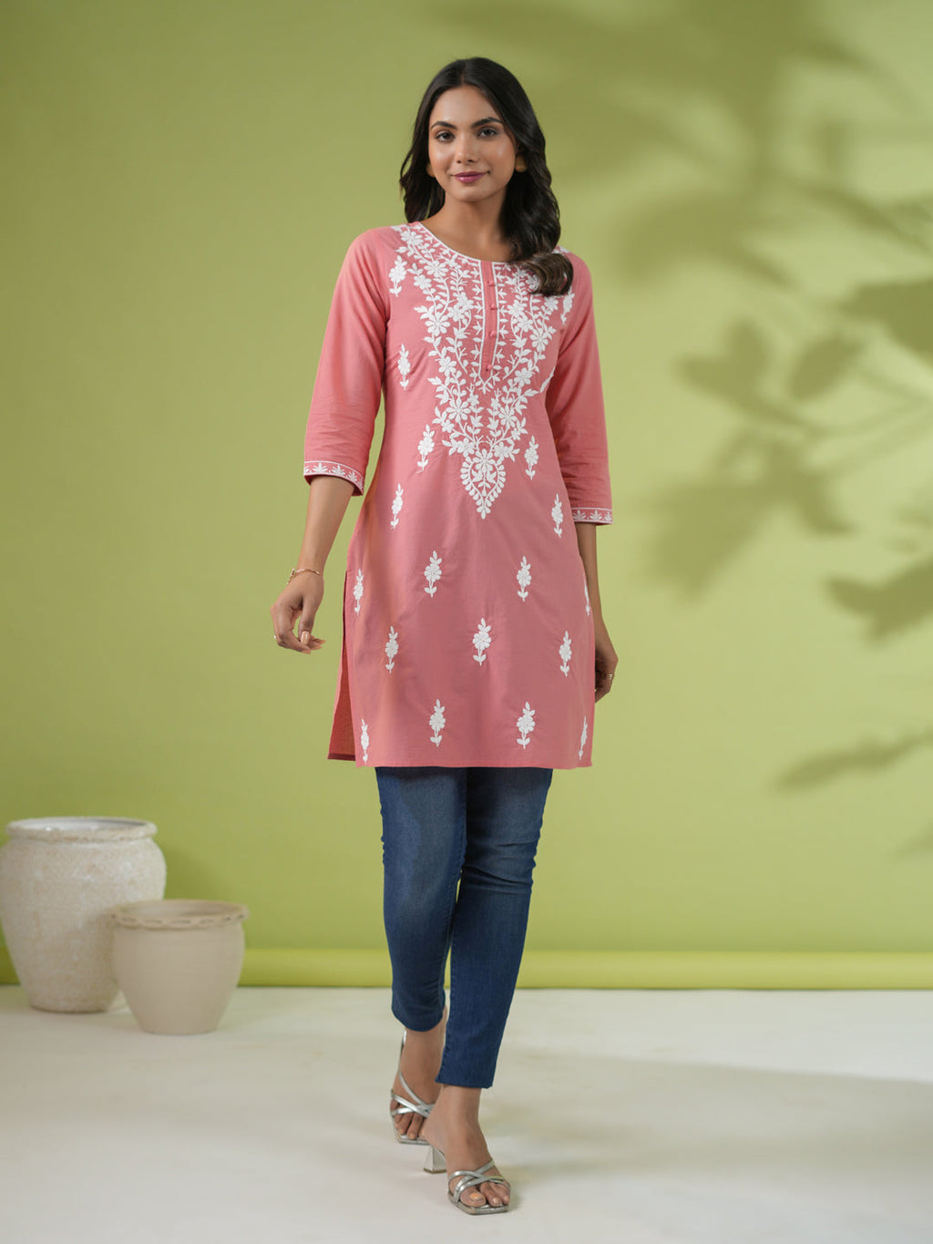 Janasya Straight Cambric Beige Embroidered Round Neck Tunic | Grocsy