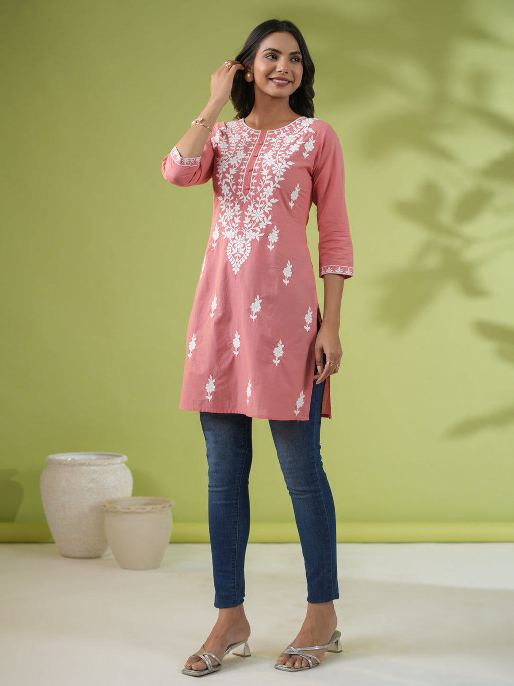 Janasya Straight Cambric Beige Embroidered Round Neck Tunic | Grocsy