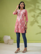 Janasya Straight Cambric Beige Embroidered Round Neck Tunic | Grocsy