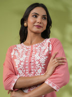 Janasya Straight Cambric Beige Embroidered Round Neck Tunic | Grocsy