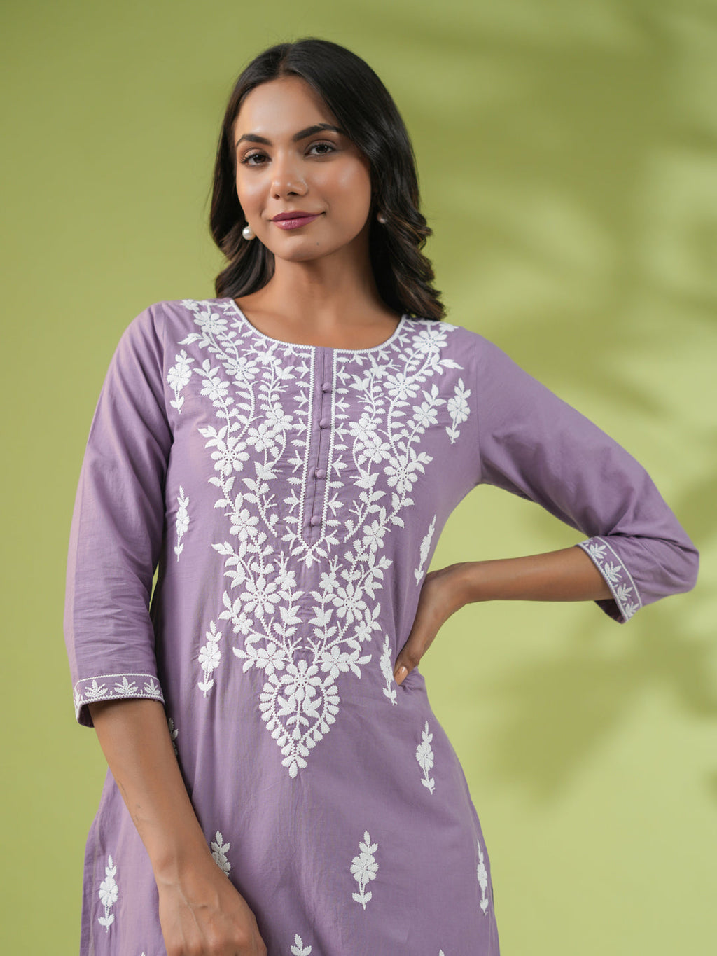 Janasya Straight Cambric Lavender Embroidered Round Neck Tunic | Grocsy