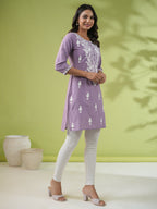 Janasya Lavender Cambric Embroidered Tunic | Grocsy
