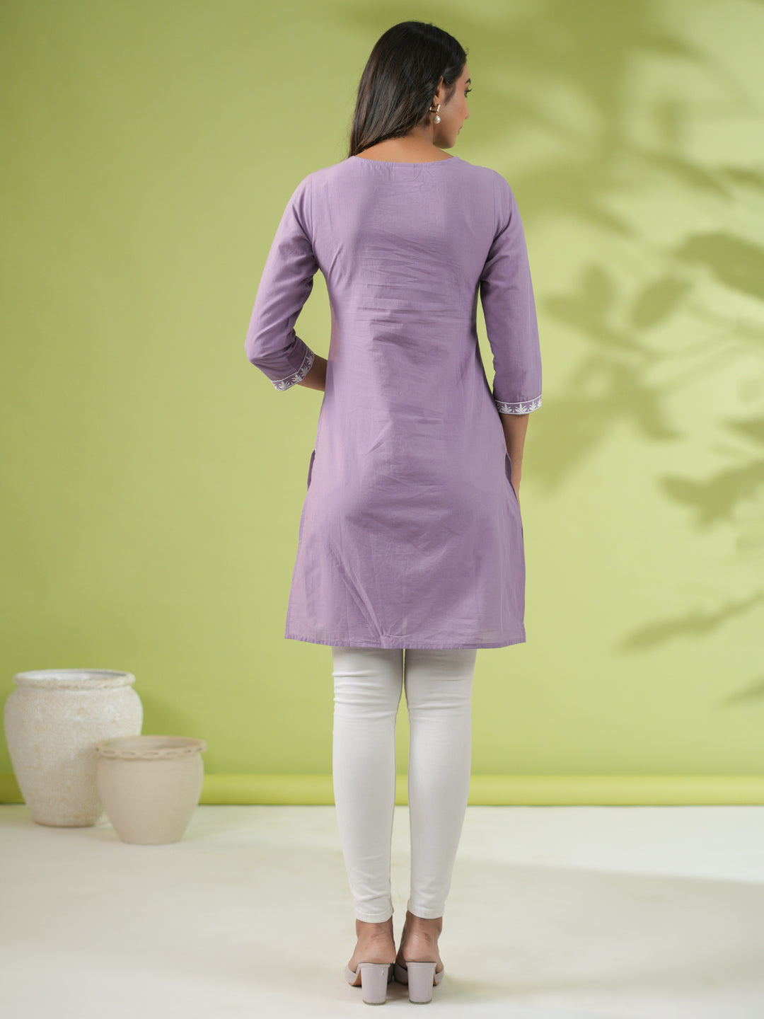 Janasya Straight Cambric Lavender Embroidered Round Neck Tunic | Grocsy