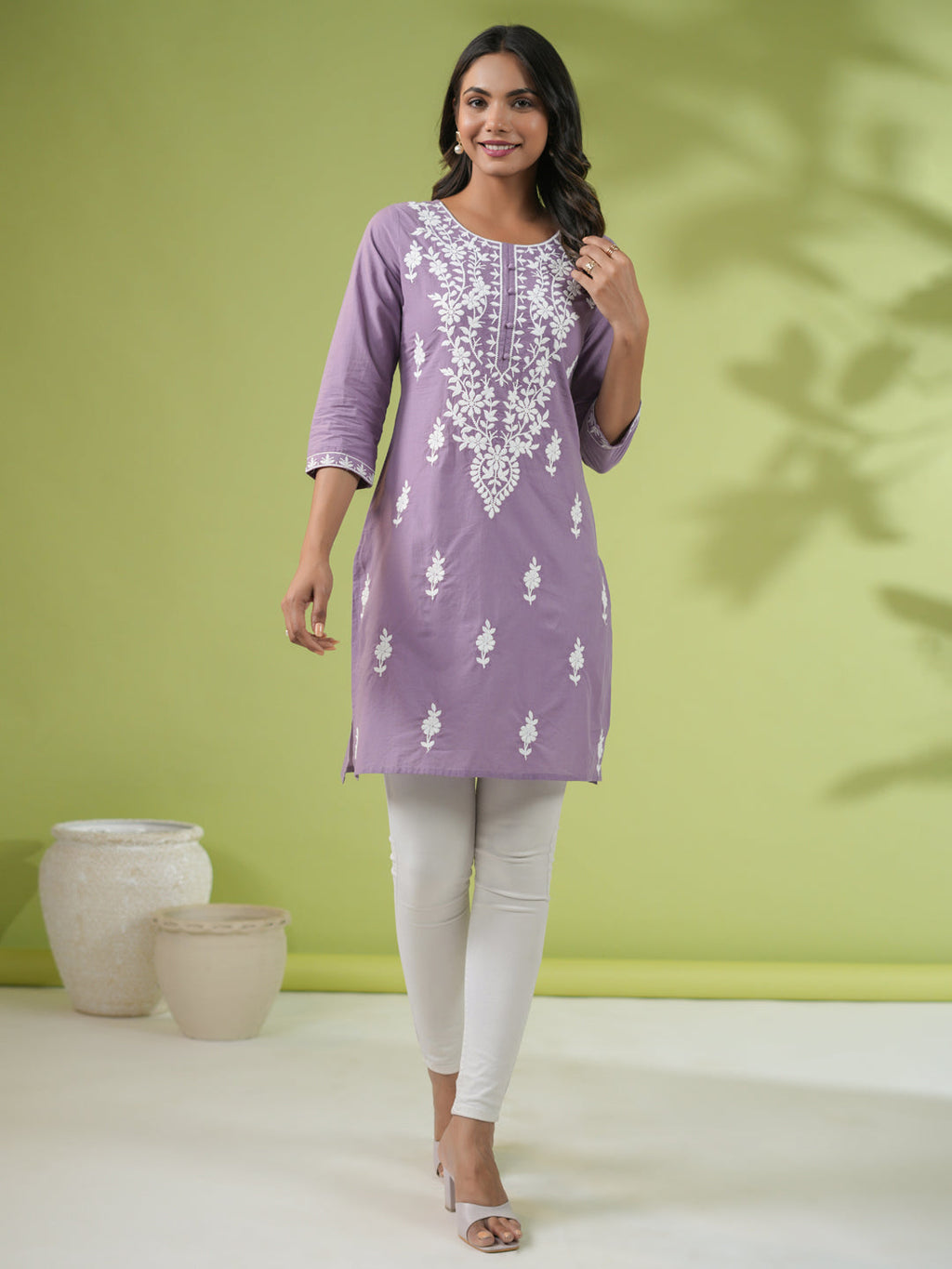 Janasya Lavender Cambric Embroidered Tunic | Grocsy