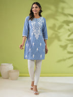 Janasya Straight Cambric Blue Embroidered Round Neck Tunic | Grocsy