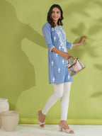 Janasya Blue Cambric Embroidered Tunic | Grocsy