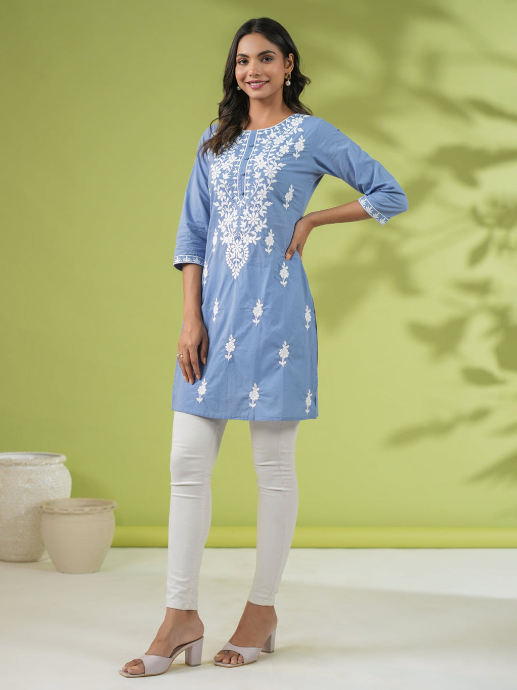 Janasya Straight Cambric Blue Embroidered Round Neck Tunic | Grocsy