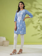 Janasya Straight Cambric Blue Embroidered Round Neck Tunic | Grocsy