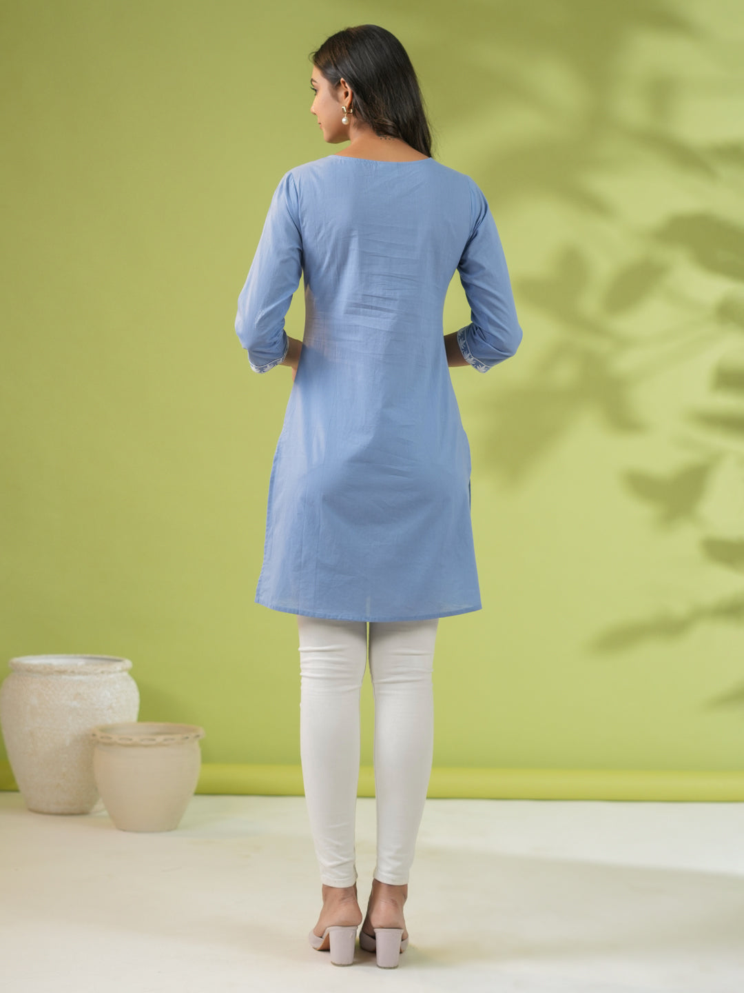 Janasya Blue Cambric Embroidered Tunic | Grocsy