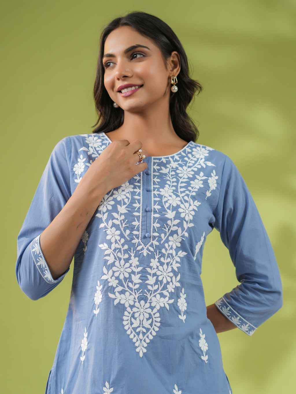 Janasya Straight Cambric Blue Embroidered Round Neck Tunic | Grocsy
