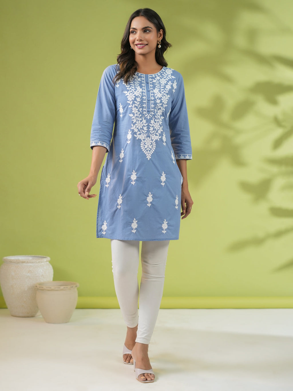 Janasya Blue Cambric Embroidered Tunic | Grocsy