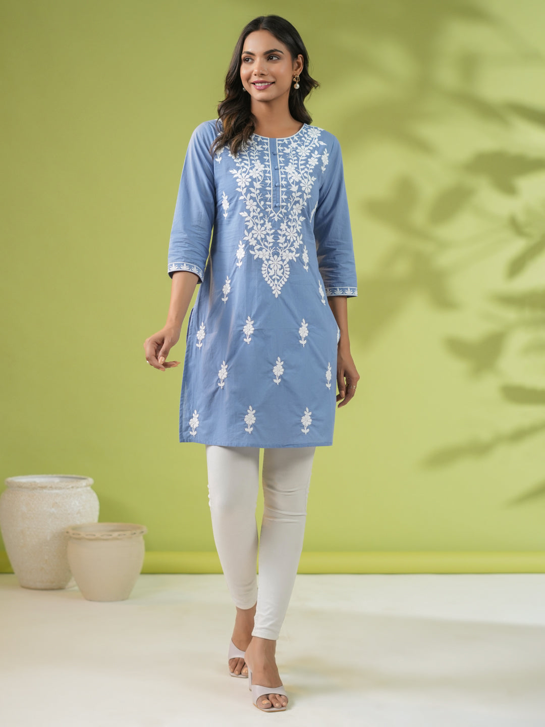 Janasya Blue Cambric Embroidered Tunic | Grocsy