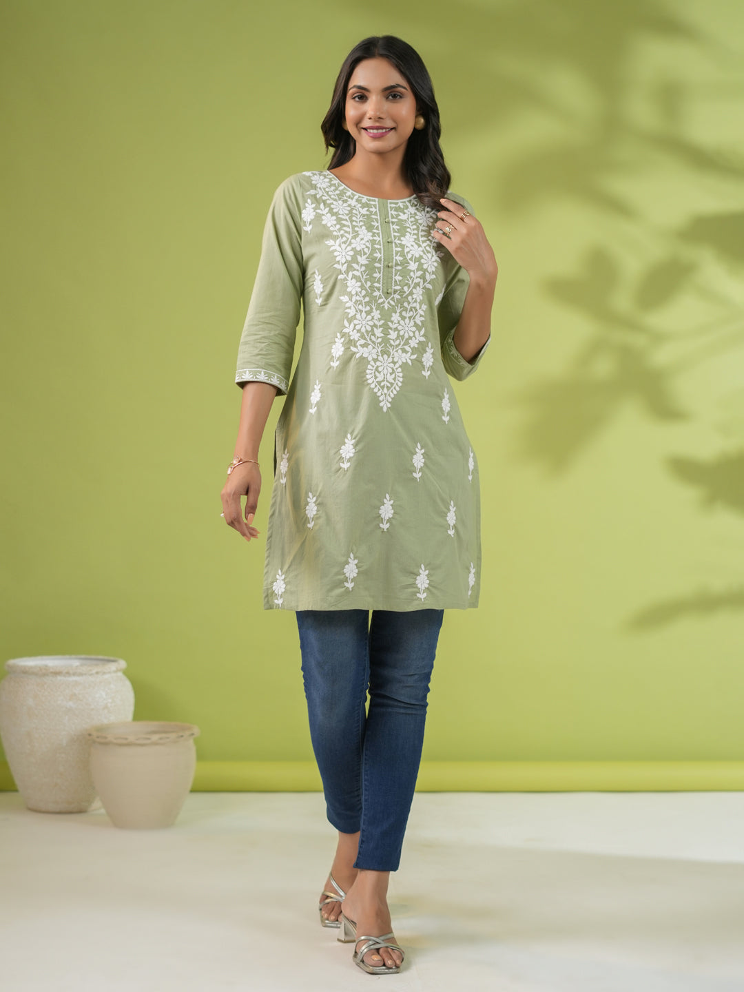 Janasya Sage Cambric Embroidered Tunic | Grocsy