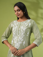 Janasya Sage Cambric Embroidered Tunic | Grocsy