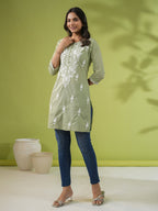 Janasya Sage Cambric Embroidered Tunic | Grocsy