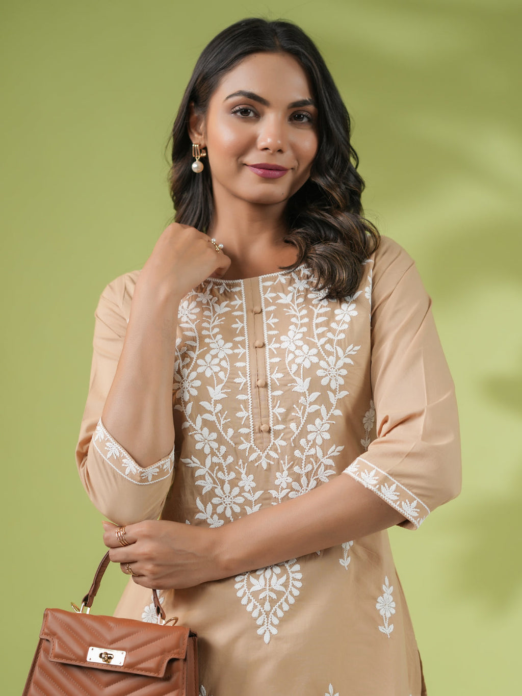 Janasya Straight Cambric Beige Embroidered Round Neck Tunic | Grocsy