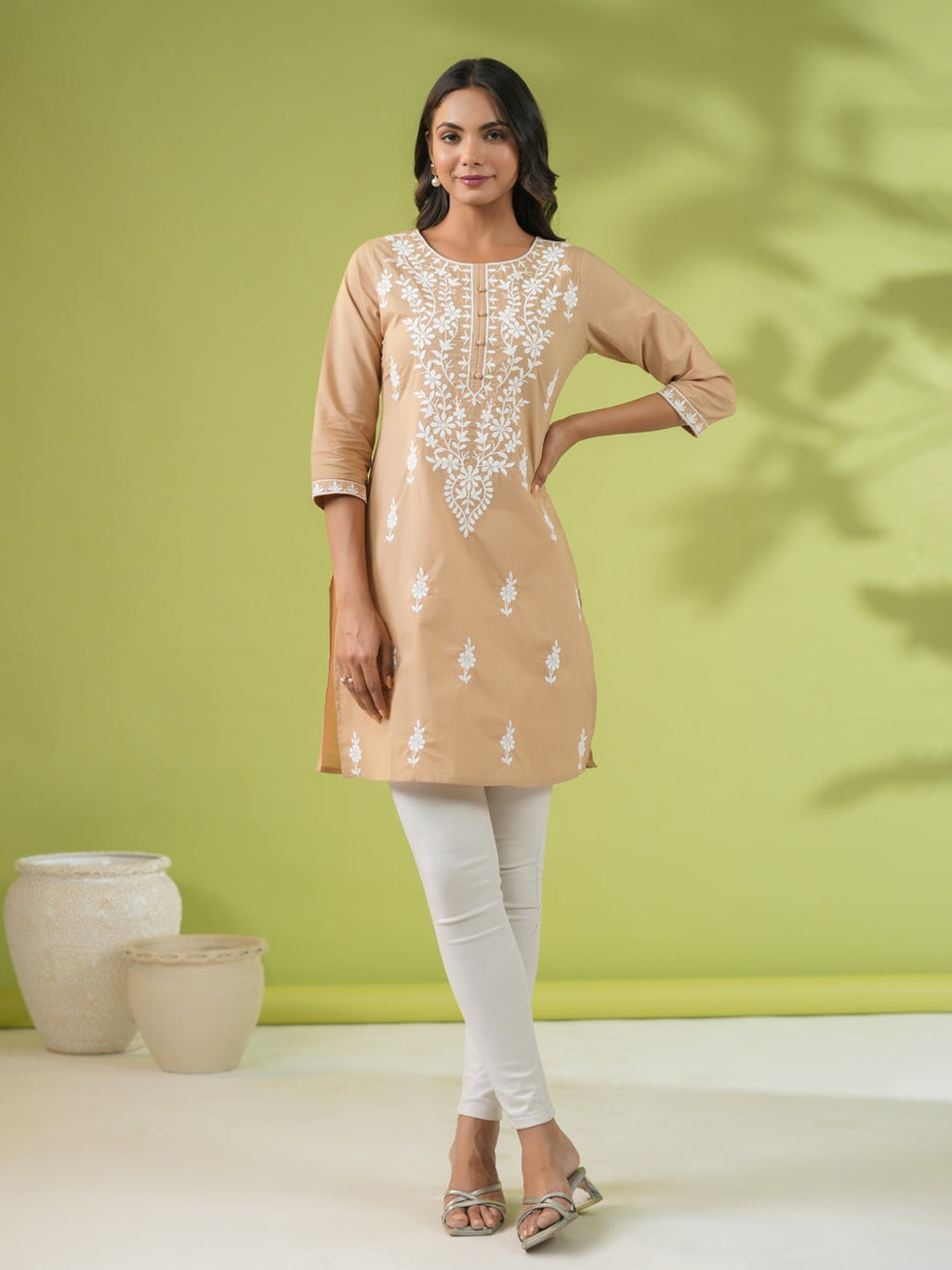 Janasya Straight Cambric Beige Embroidered Round Neck Tunic | Grocsy