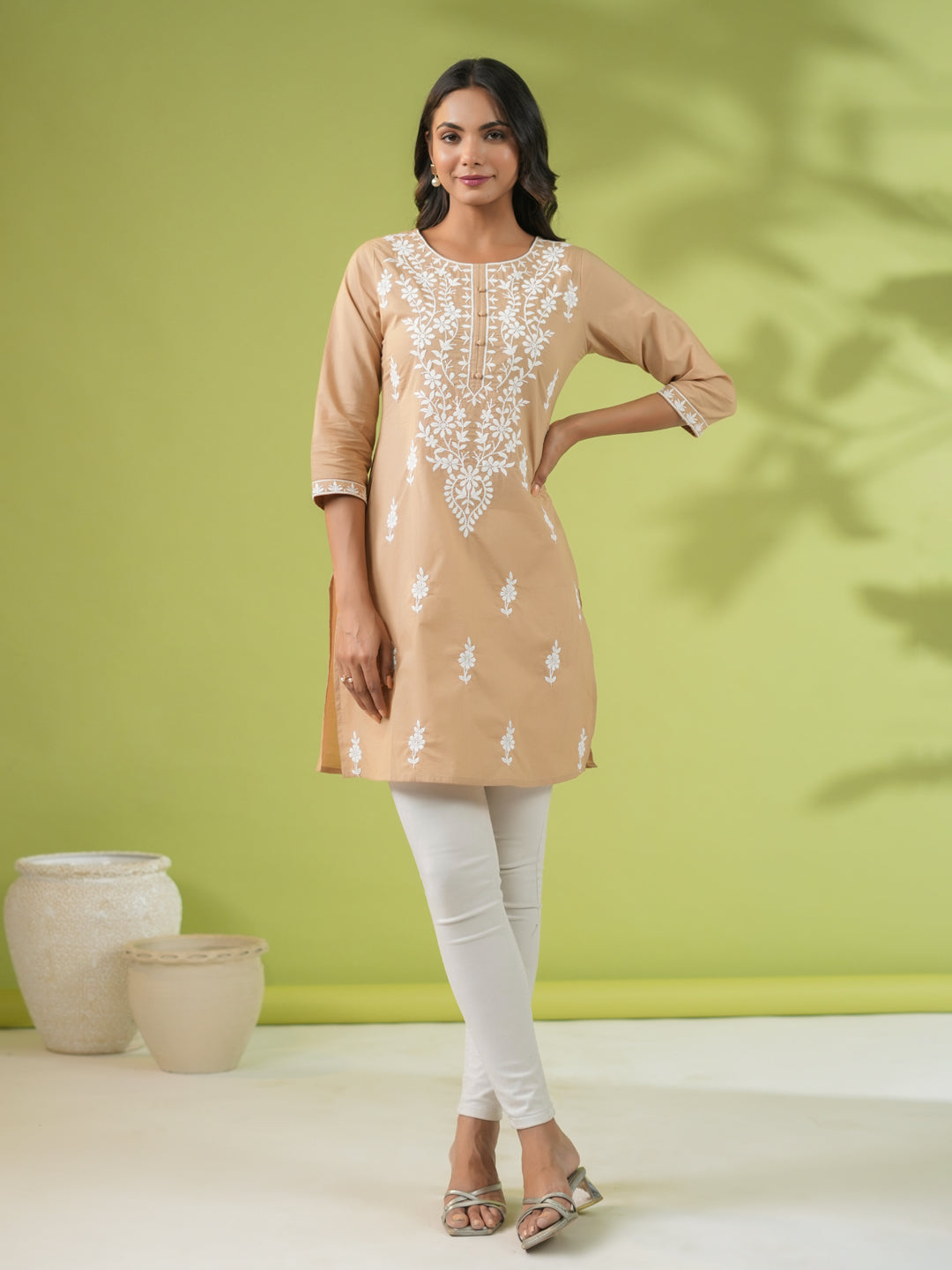 Janasya Straight Cambric Beige Embroidered Round Neck Tunic | Grocsy