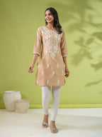 Janasya Straight Cambric Beige Embroidered Round Neck Tunic | Grocsy