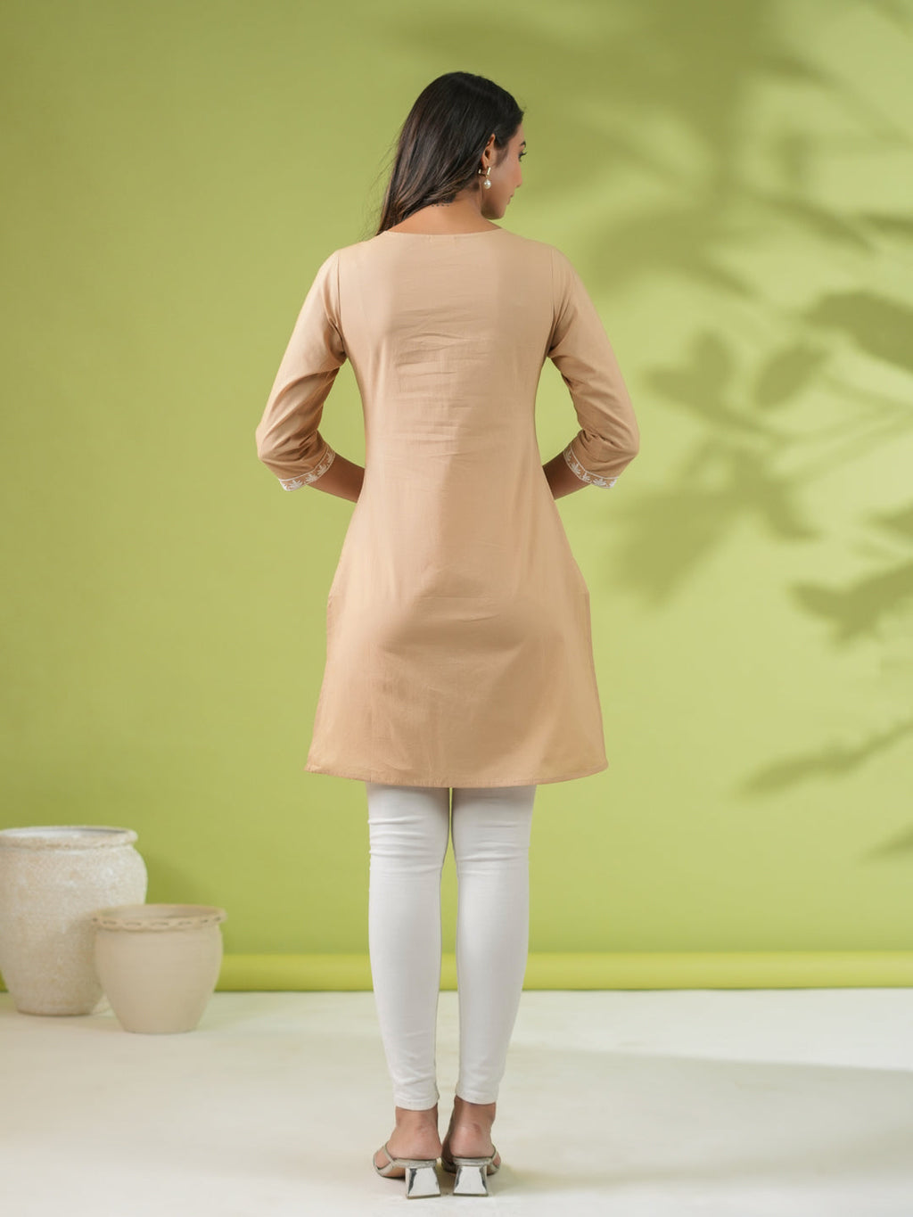 Janasya Straight Cambric Beige Embroidered Round Neck Tunic | Grocsy