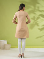 Janasya Straight Cambric Beige Embroidered Round Neck Tunic | Grocsy