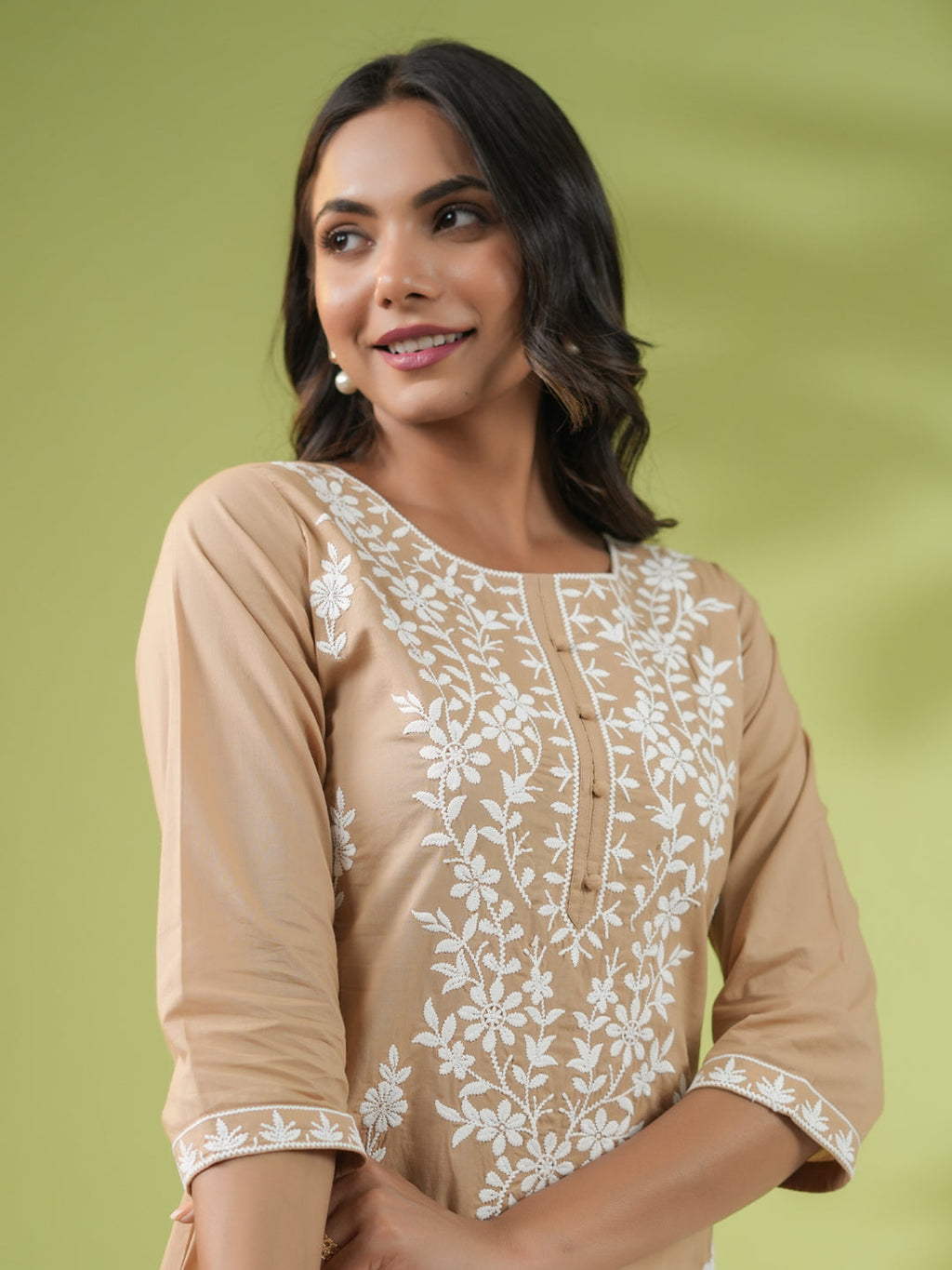 Janasya Straight Cambric Beige Embroidered Round Neck Tunic | Grocsy