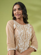 Janasya Straight Cambric Beige Embroidered Round Neck Tunic | Grocsy