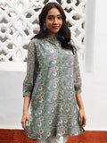 Janasya Regular Weightless Georgette Sage Floral Band Collar Tunic | Grocsy