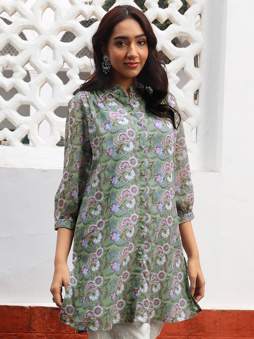 Janasya Regular Weightless Georgette Sage Floral Band Collar Tunic | Grocsy