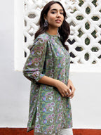Janasya Regular Weightless Georgette Sage Floral Band Collar Tunic | Grocsy